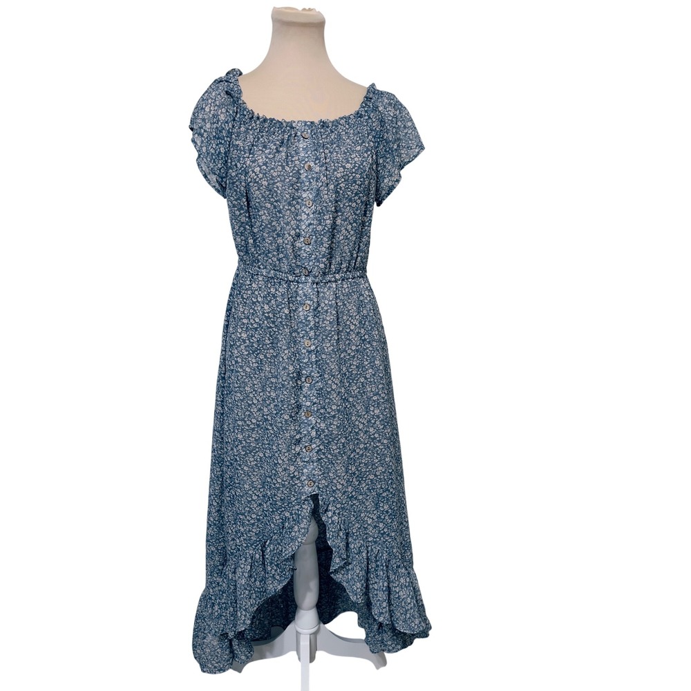 VICI Blue Floral High Low Button Down Maxi Dress Small Prairie Cottagecore Boho